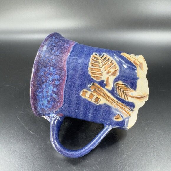 Hand Made Abstract Coffee Mug Cup Cobalt Blue Pottery Mug Artist Signed Bottom - Picture 14 of 16